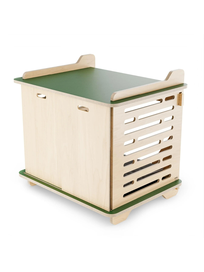 wooden dog crate with green top and base side view exterior with doors