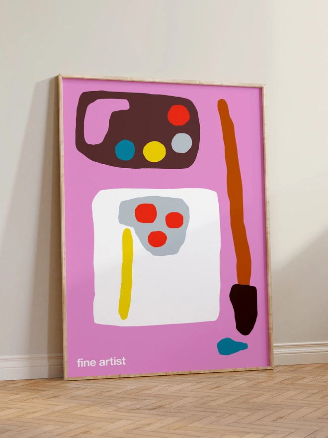 fine artist giclee print in bright pink, shown in frame on wood floor