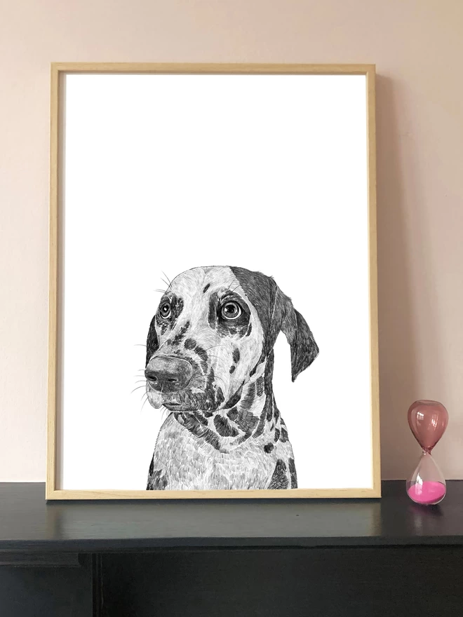 Art print of hand drawn illustration of Dalmatian displayed in a frame