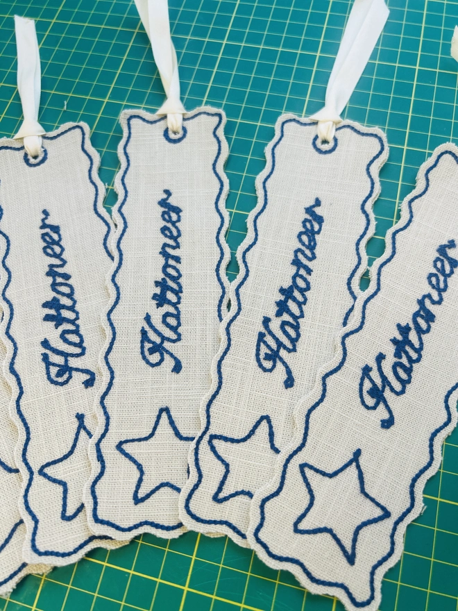embroidered linen bookmark dark blue thread star