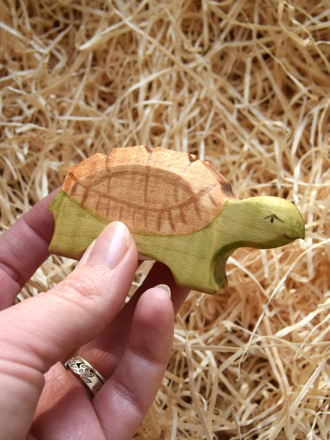 wooden toy tortoise held in hand above woodwool