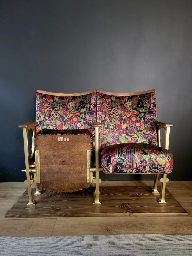 Vintage cinema seats in red blue gold Art Deco floral velvet