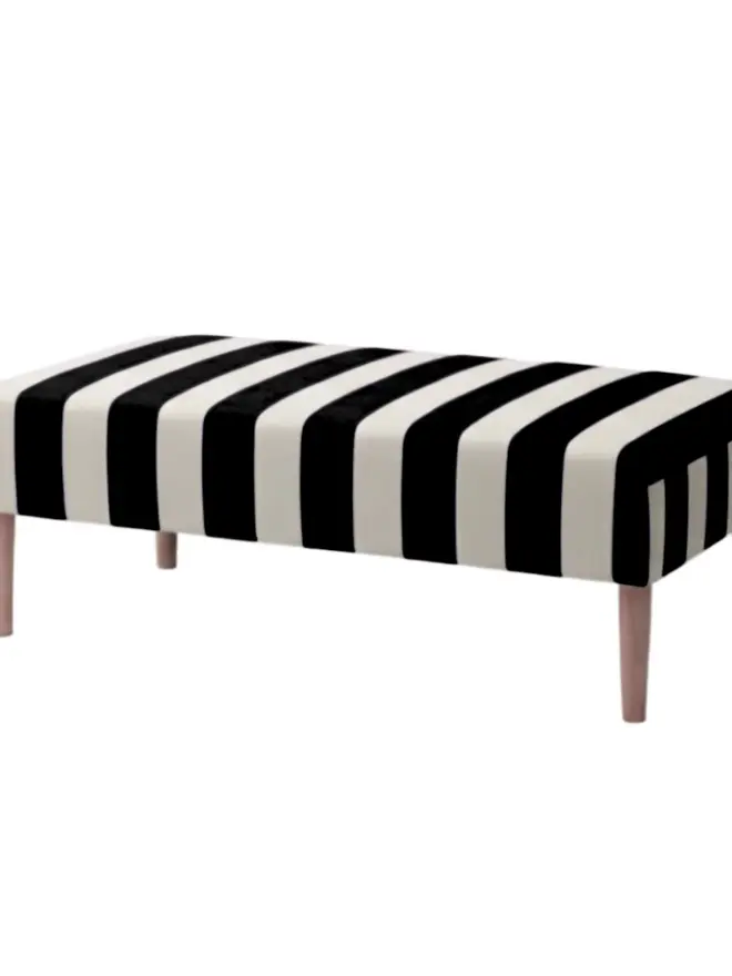Hand Painted Upholstered Striped Linen Coffee Table Ottoman, black coffee table sitting against a white backdrop. 