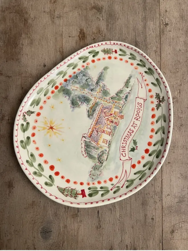 Personalised Christmas House Plate with colours red, yellows, greens 