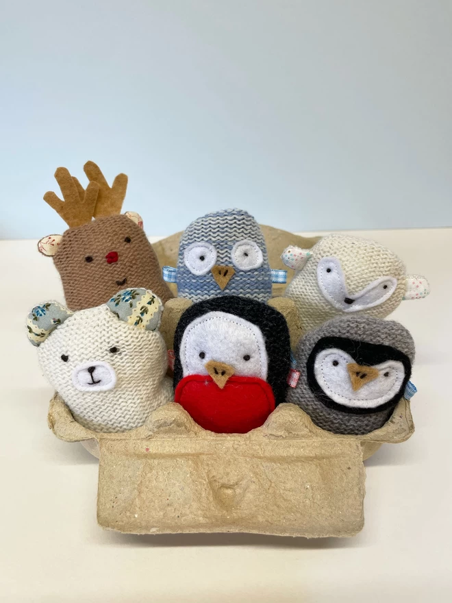 Knitted Animals in Egg Box