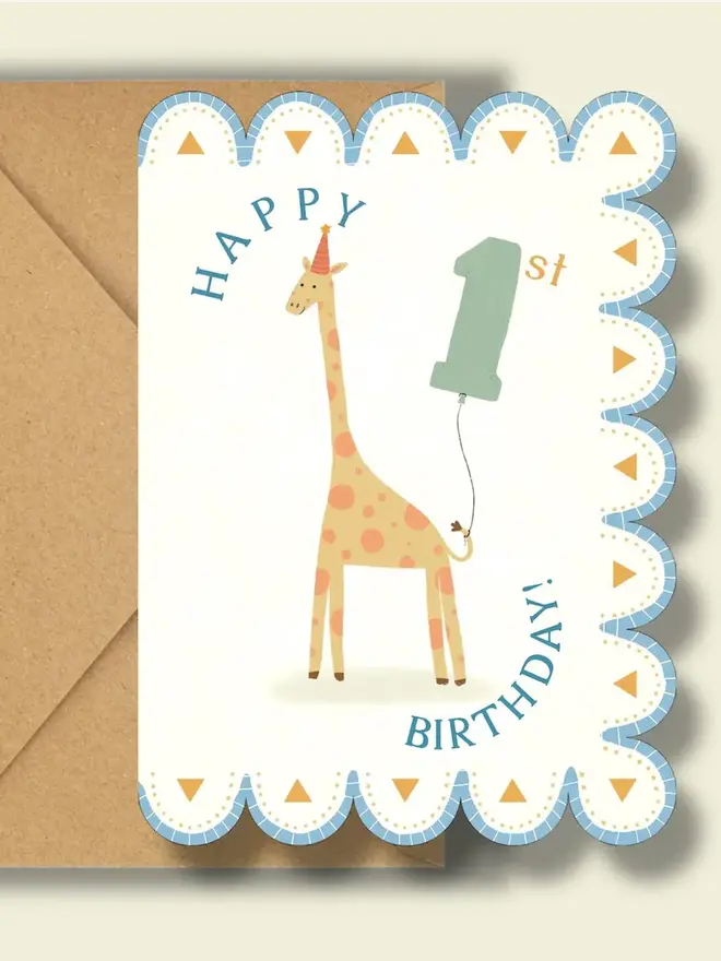 happy 1st birthday illustrated giraffe card. scallop edged card with illustrated giraffe.