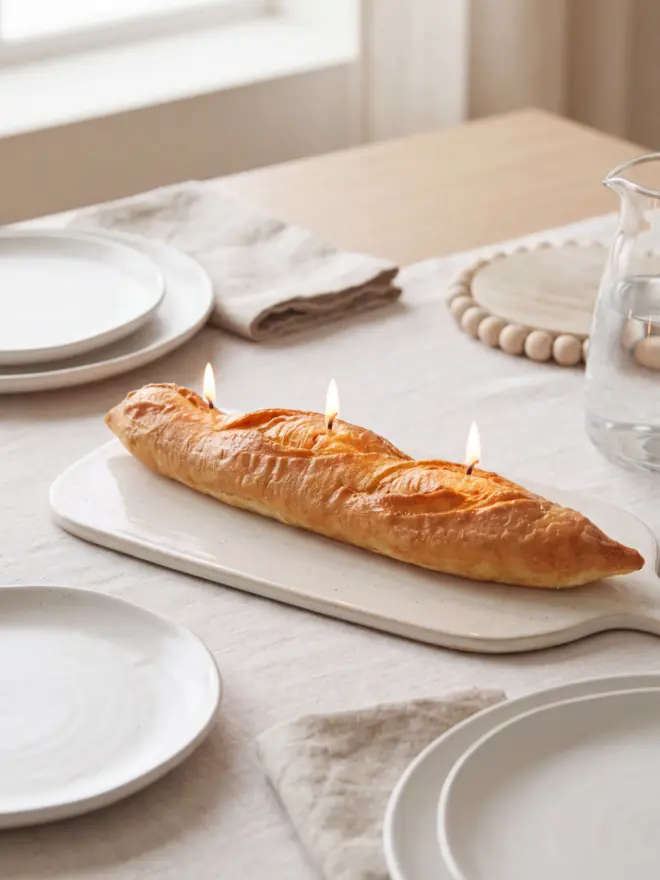 Full baguette on a white platter