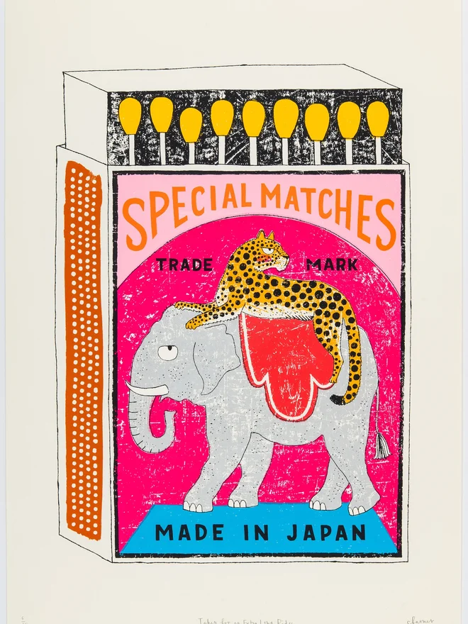 Elephant And Leopard Matchbox Taken For An Extra Long Rid, a colourful matchbox design in the centre of a white card. 