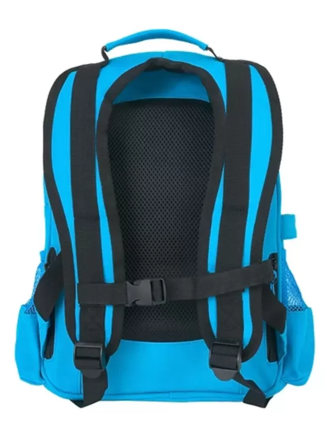 Back view of the blue Beltbackpack with a cheststrap.