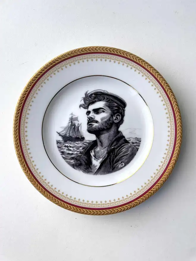 vintage plate with an ornate border, with a printed vintage illustration of a sailor man in the middle with the ocean and his ship behind him