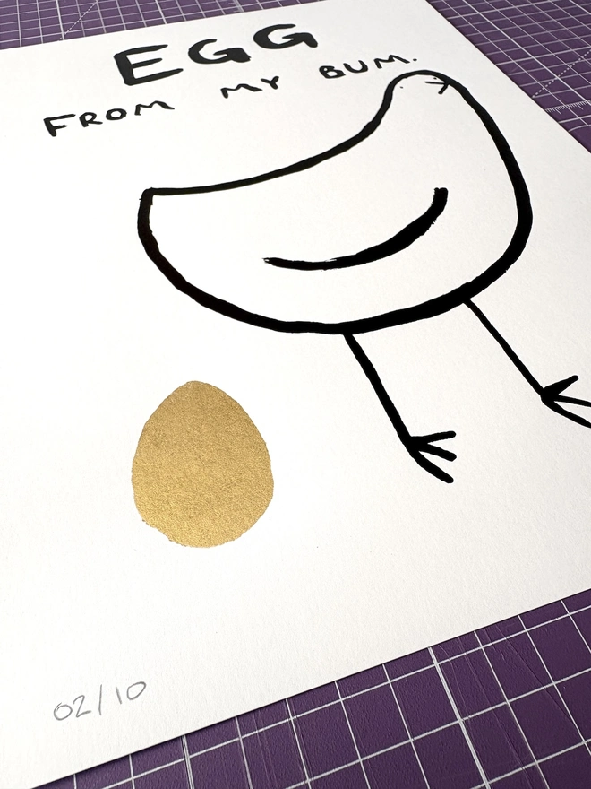 'Egg From My Bum' Print with gold egg