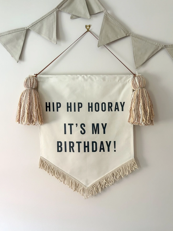 Neutral large printed handmade fabric birthday banner for parties and celebrations