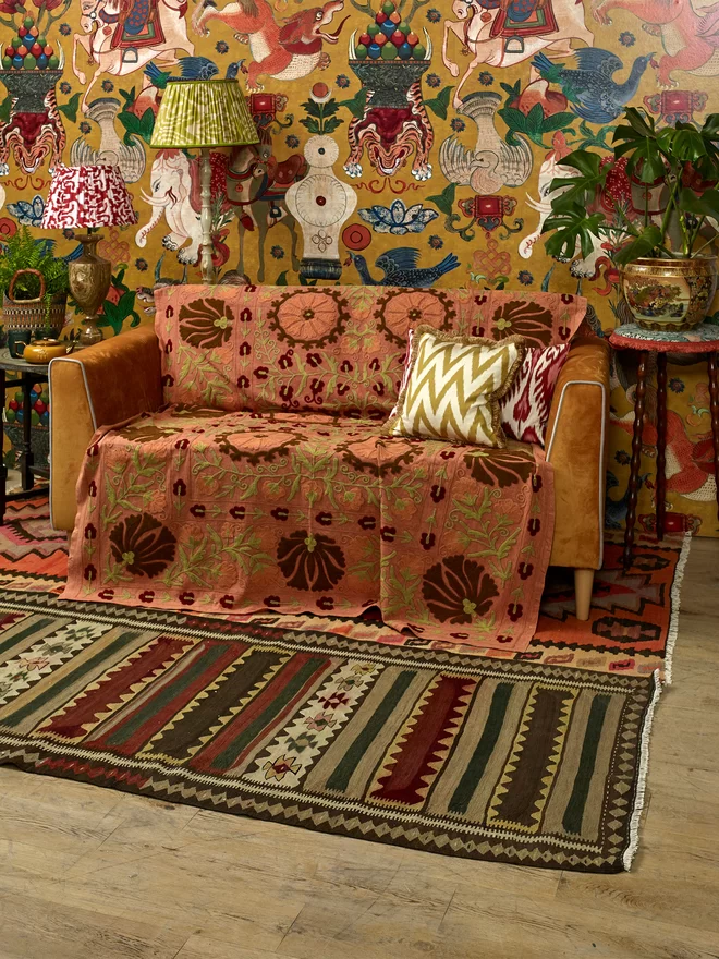 Maximalist Interior Design: Handmade Yellow-Green Silk Ikat Lampshade in Patterned Wallpapered Living Room
