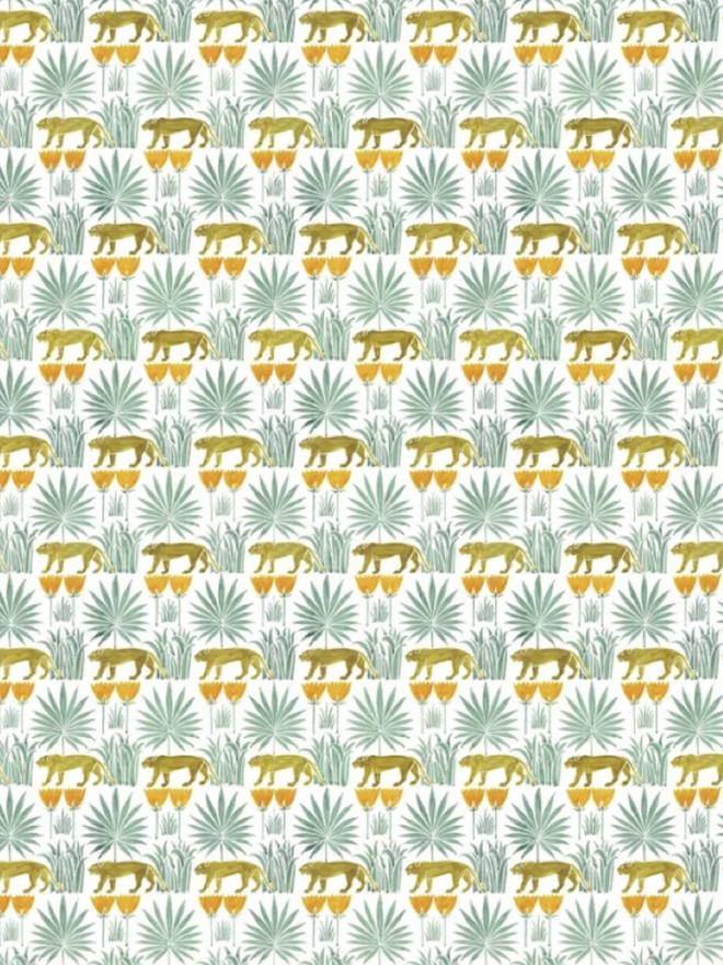 Lioness Amongst the Palms Muslin. A muslin patterned with lionesses in palm trees.