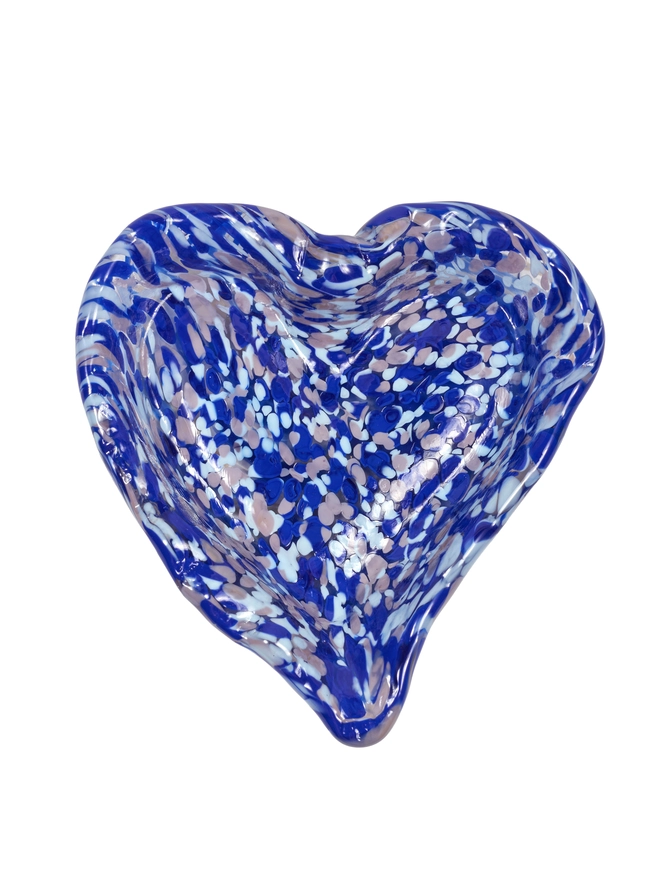 handmade Murano glass trinket dish heart shaped with blue