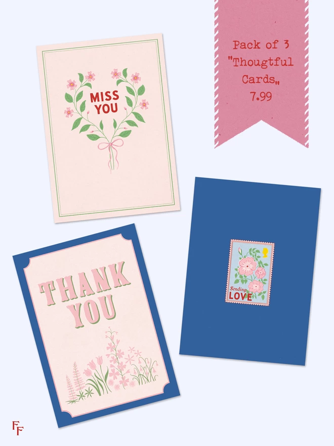 Pack of 3 'Thoughtful' Charity Greeting Cards, Miss you, Sending Love and Thank You card sold all together in a pack of three
