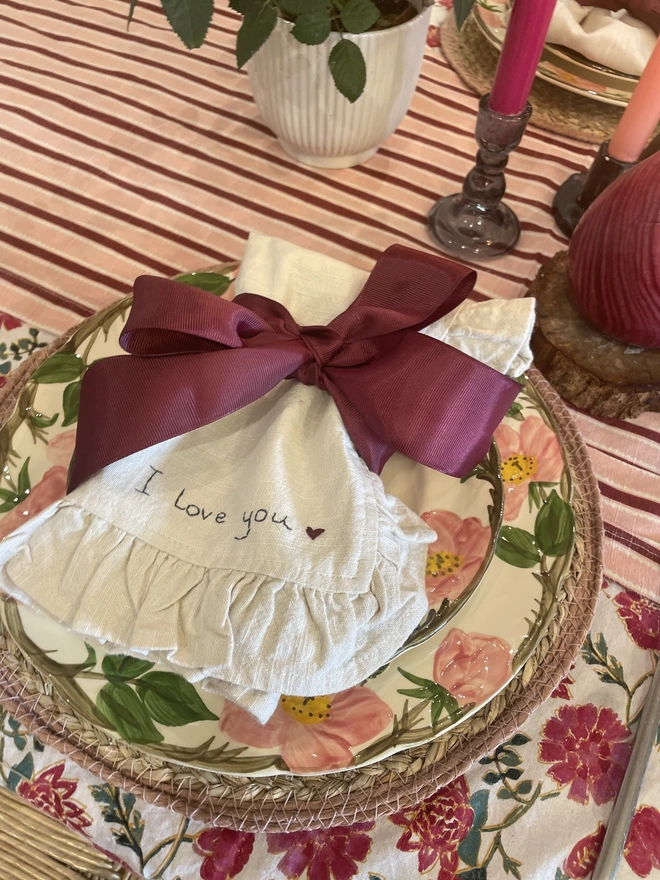 I love you_ruffle_Linen_Napkin_Valentines Day_Tablescape_BlossomandBramble_EMbroidery