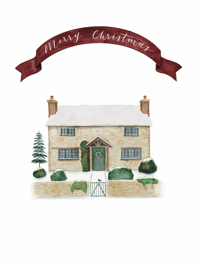 christmas cottage card illustration