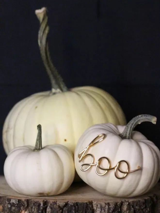 Wired moments mini boo wire writing seen in a white pumpkin for halloween.