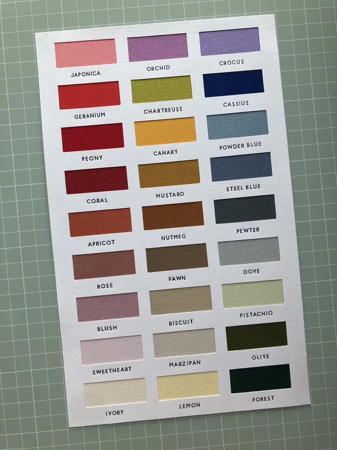 Keep Collect book cloth swatch displaying the available range of colours