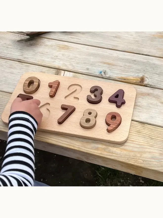 Wooden Number Puzzle Heirloom Toy, on a table. 