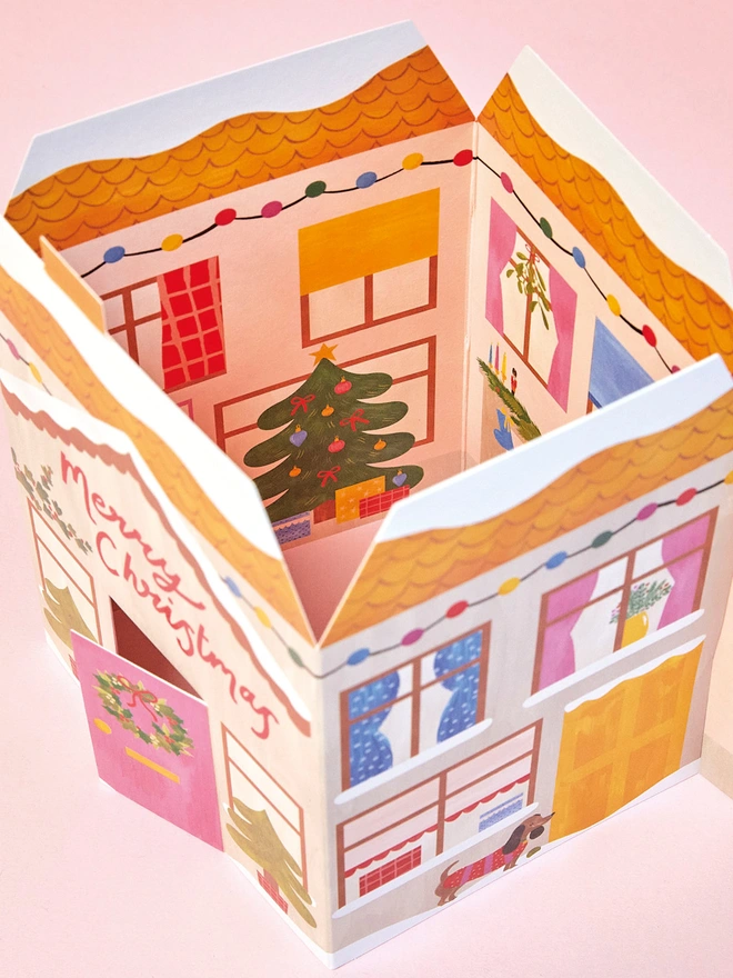 Joyful & Festive 3D House Luxury Christmas Card | Raspberry Blossom