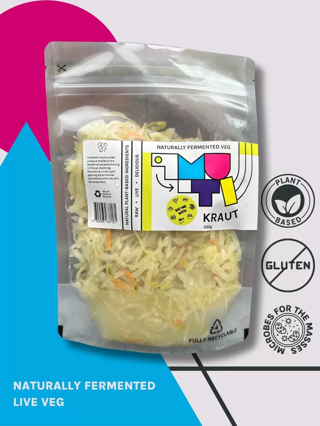 Pouch Of Muti Kraut On A Colourful Geometric Pop Art Background.