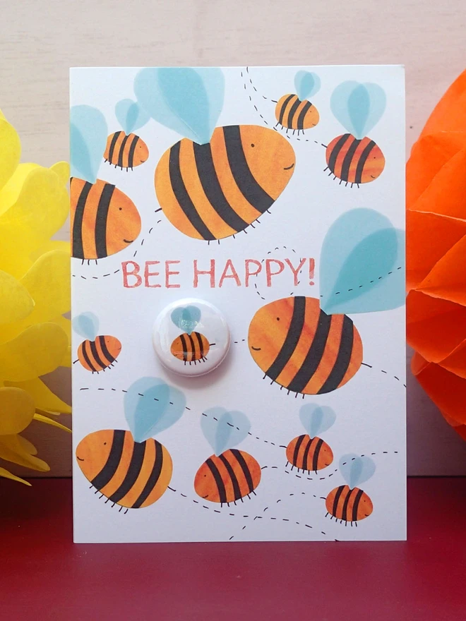 Bee happy pin badge greeting card