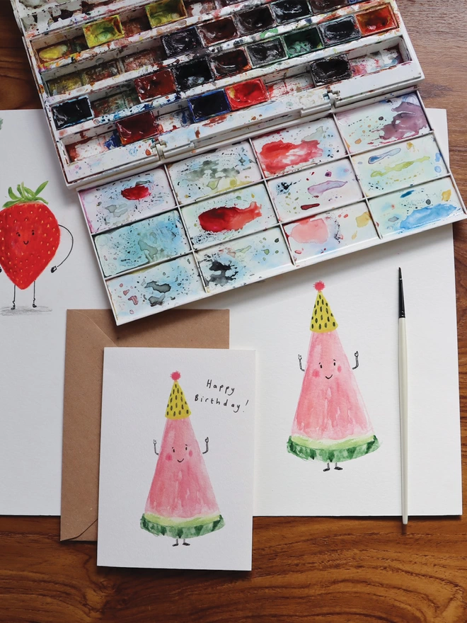 Smiling Watermelon wearing a party hat Birthday Card 