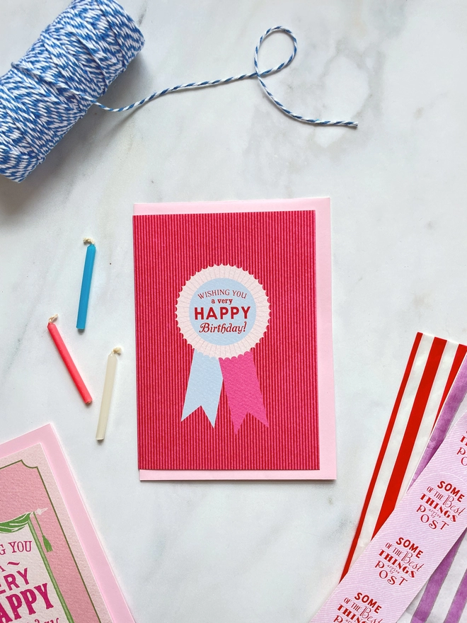 vintage retro style birthday card in red stripes and blue pink pretty party