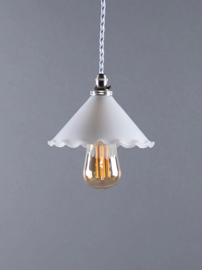 Florrie Opal Frilled Glass Pendant Light with Squirrel Cage Light Bulb