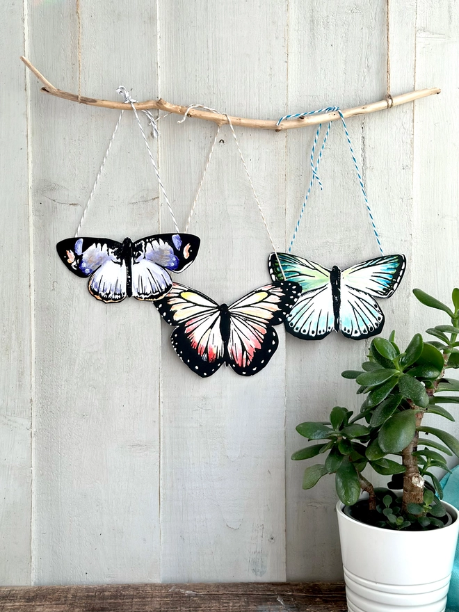 3 Hand Painted Butterflies. Set Of Linocut Wall Hangings purple and peach and teal   