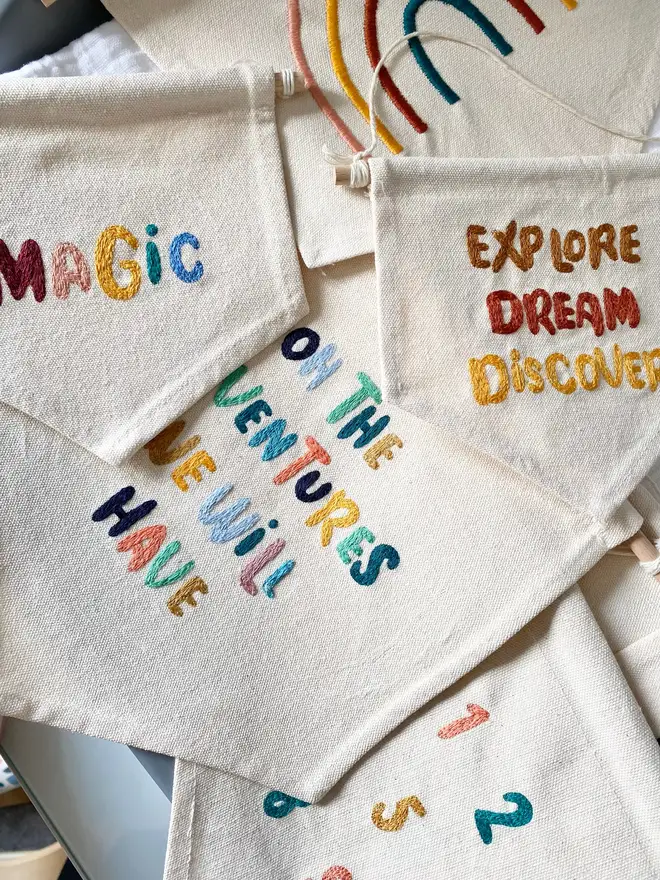  custom embroidered phrase banner. cotton banner embroidered with custom phrases