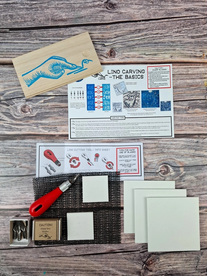 Lino stamp carving & block printing kit in Wooden box for printing on paper with versafine clair ink pad and pack of mastercut soft white lino