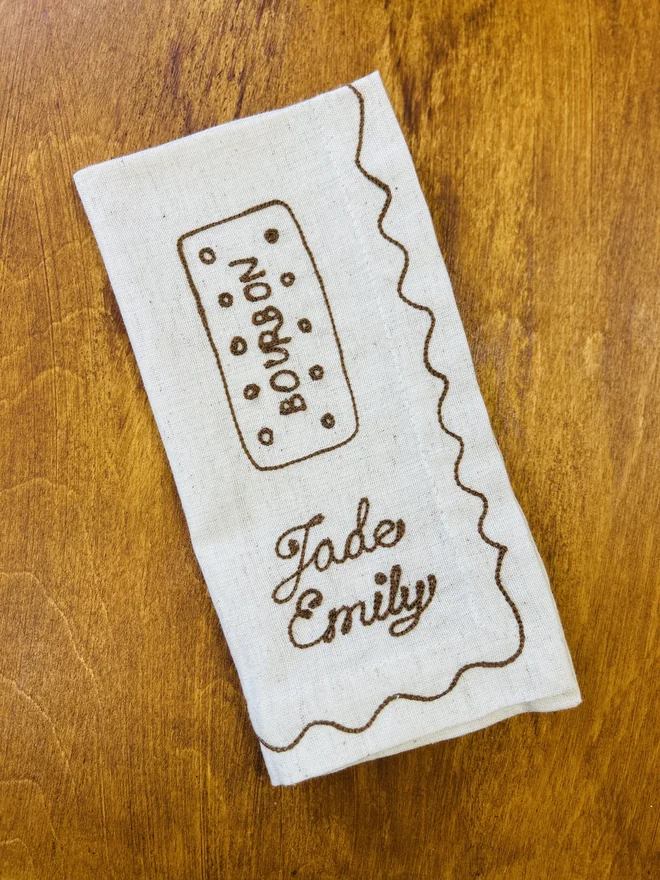 bourbon biscuit embroidered napkins with personalisation