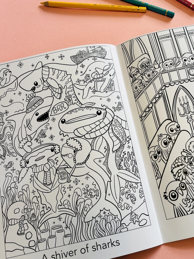 A shiver of sharks colouring page from a crown of kingfishers colouring book shows sharks in hats, mittens and scarves shivering.