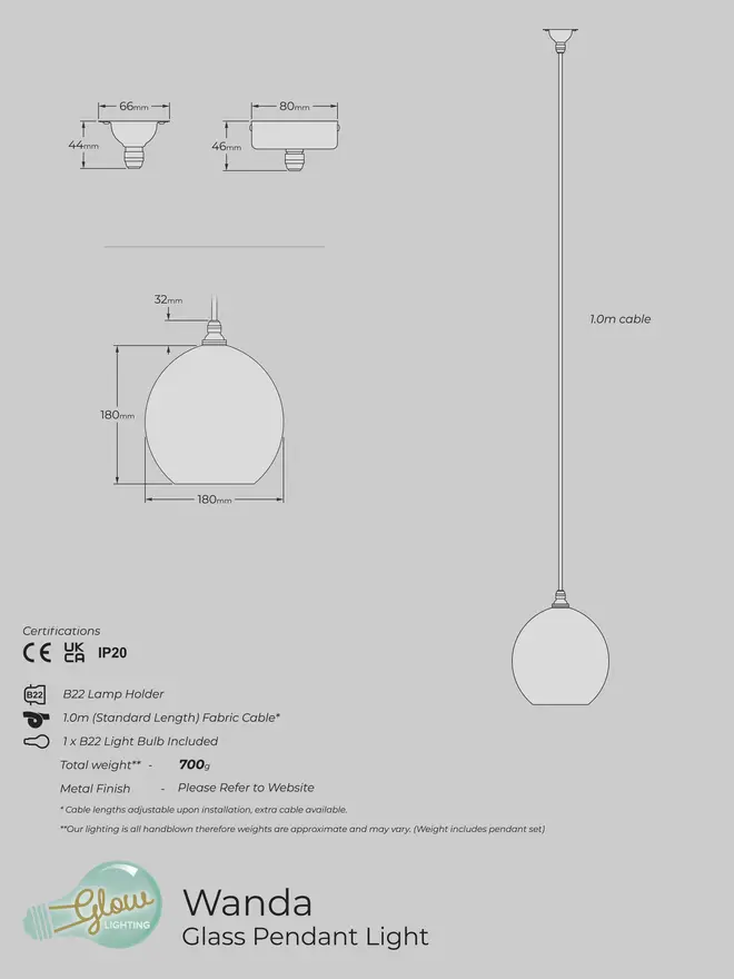 Small Wanda 180mm Globe Pendant Light Specification sheet. 