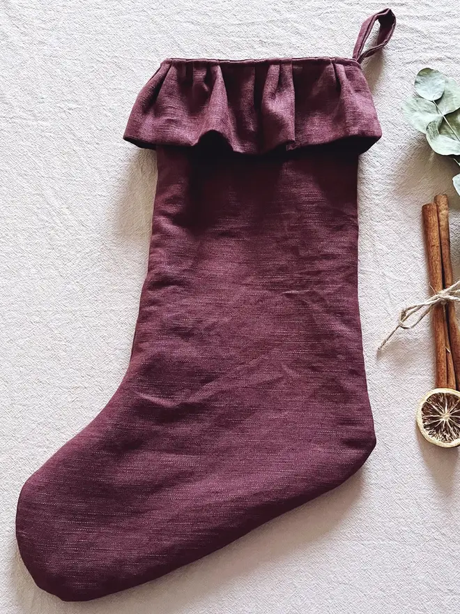 burgundy linen christmas stocking