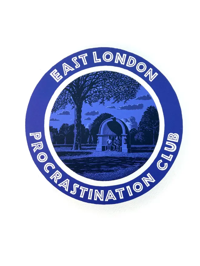 Blue east London procrastination club record in blue on a white background. Screen Print.