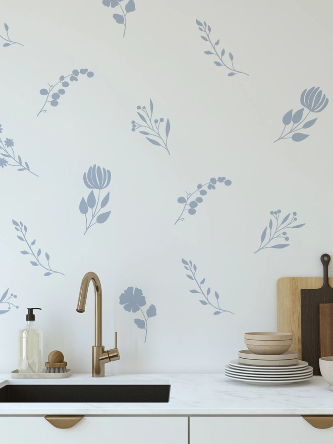 botanical bloom wall stickers in blue  on a kitchen wall