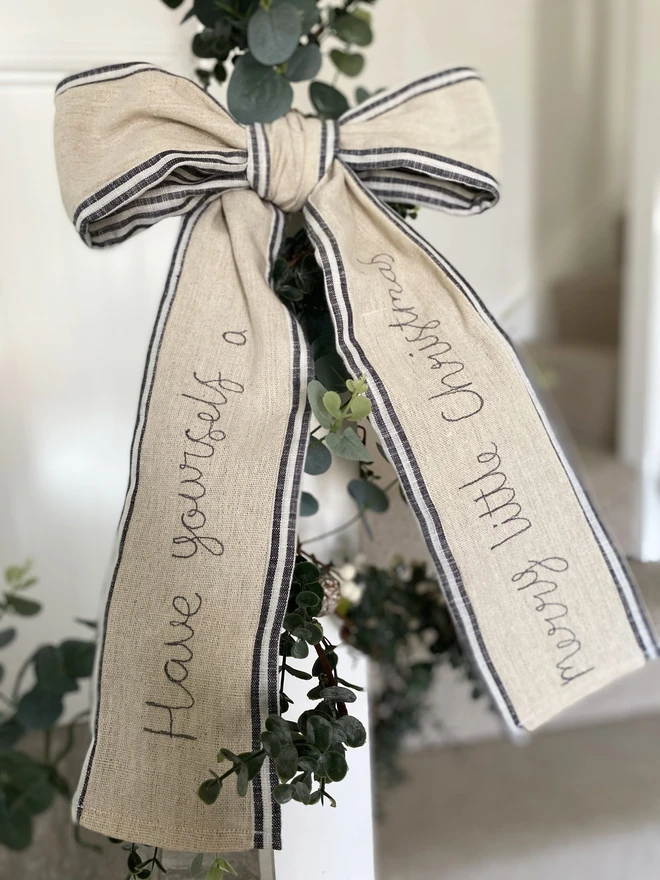 Christmas Embroidered Stripe Personalised Wreath Ribbon