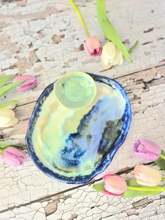 Ceramic serving set in cobalt blue and aqua green, serving set, dish, plate, Jenny Hopps Pottery