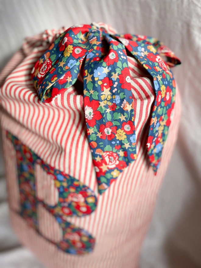 Red Linen Pinstripe Sack with Liberty Print Letter and tie