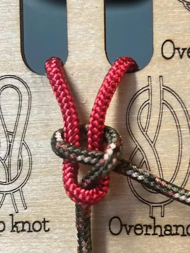 Wooden knot training board with engraved knot diagrams and red and black ropes for practice, displayed outdoors among pinecones and leaves.