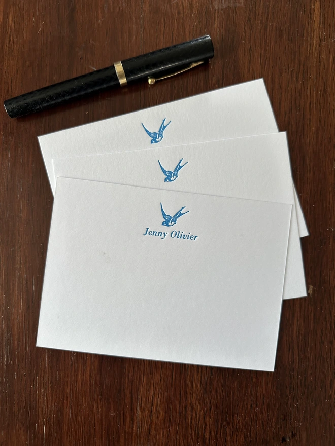 personalised notecards with blue swallow motif letterpress printed in sets of 10, 20 or 40