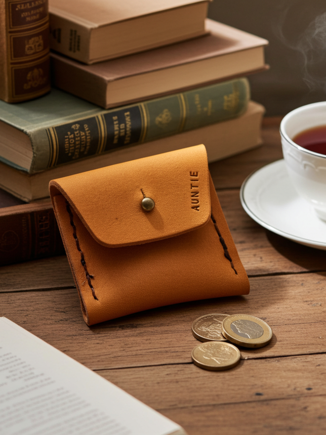 mini yellow coin purse stamped with Auntie