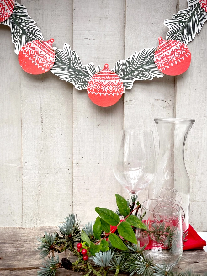 Traditional Nordic Bauble & Fir Christmas Linocut Garland