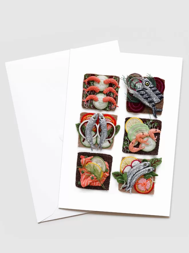 Kate Jenkins Open Sandwich Blank Greeting Card seen with a white envelope behind.