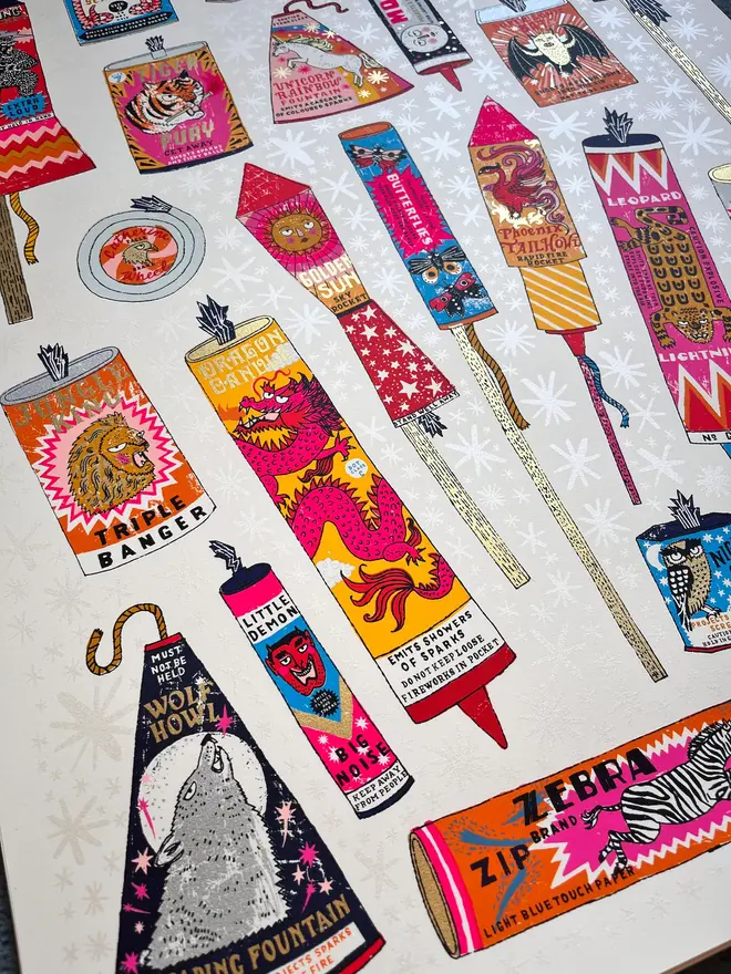 Fireworks Screenprint Snap, Crackle, Pop, a collection of colourful fireworks on a white screenprint. 