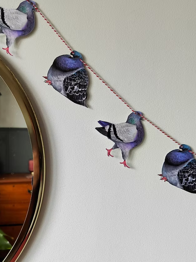 illustrated pigeon garland. pigeons on bunting hung on a wall.